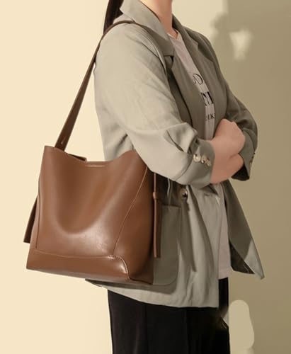 Image of Women's Trendy Tote Bag Vegan Leather Shoulder Crossbody Purse Large Bucket Handbag Soft Top Handle Satchel