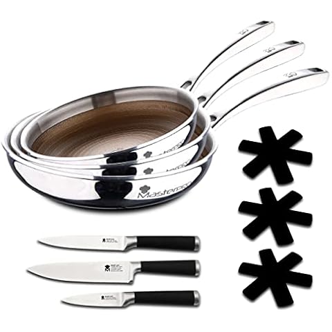 MasterPRO Giro 3 Non-Stick Pan Set, 20, 24 and 28 cm, with Triple Stainless Steel and Aluminium Coating, Set of 3 Knives from The Smart Collection and Frying Pan Protector, for All Hob Types Cover