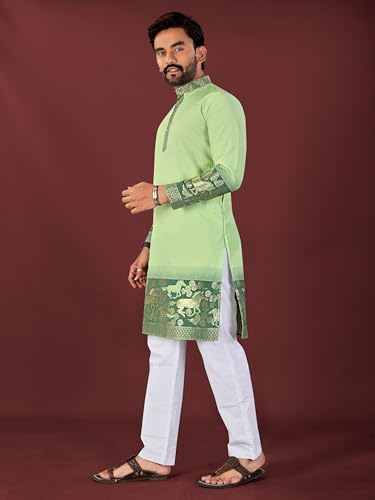 Image of Men's Cotton Silk Kurta with Jacquard Work Full Sleeves Floral Printed Side Slit and Mandarin Collar Neck | Kurta Pajama Set for Men Cotton Wedding | Short Kurta for Men