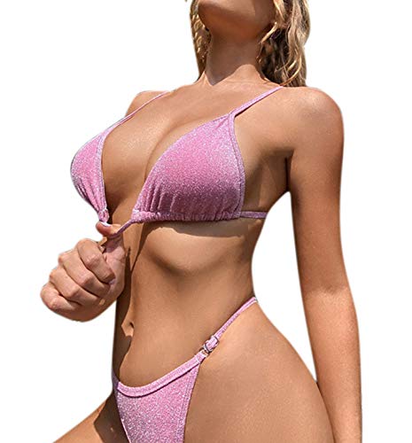 Mingseecess Women Shiny Sexy Bikini Set Sexy Bra Swimsuit Tankini Thong Swimwear Triangle Bathing Suit Light Pink #TOP1