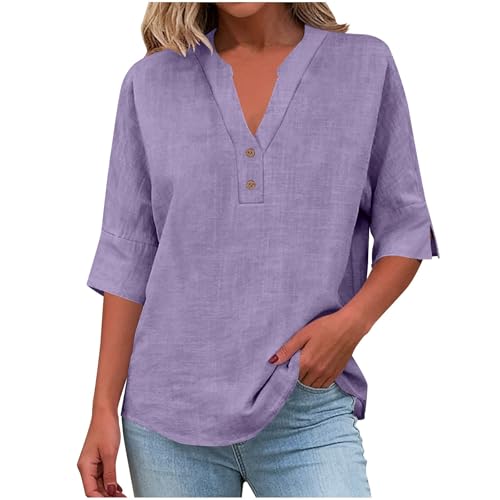 Tee Shirt Femme - Tee Shirt Femme Coton Décontracté Tshirt Coupe Oversize Couleur Unie Tshirt Manche Courte Respirant Haut Col V Minimaliste Haut Legere Confortable