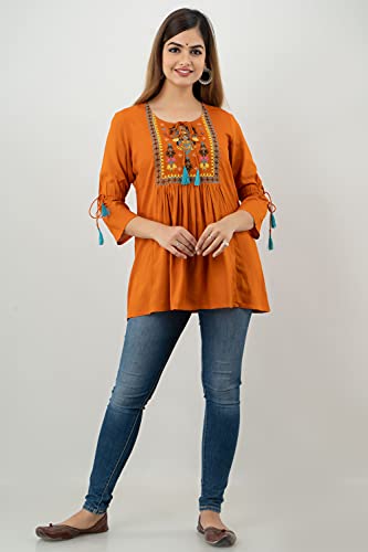 Image of DMP FASHION Women's Rayon Classic Heavy Embroidery Top with Beautifull Tassels at Front and on Both Sleeves