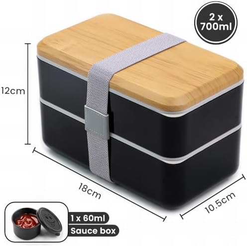 Bugucat Bento Lunch Box 1400ML, Stackable Lunch Box Bento Boxes,2 Layer 2 Compartments Lunchbox,Lunch Box with Compartments for Adults Kids,Container Meal Prep Containe with Cutlery Black