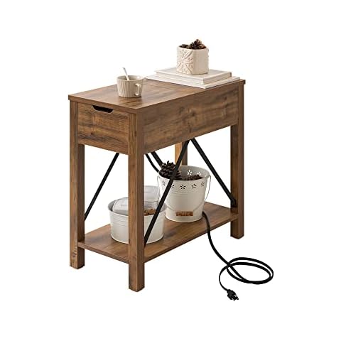 StorageWorks Side Table, Narrow End Table with Charging Station, Flip Top End Table with Storage, Oak Cover