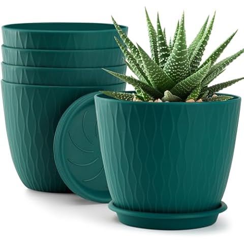 QRRICA Plant Pots – 6 Inch Planters with Drainage Holes and Saucers, Flower Pots for Indoor and Outdoor Plants, Nursery Planting Pots (Pack of 5, Blue) Cover