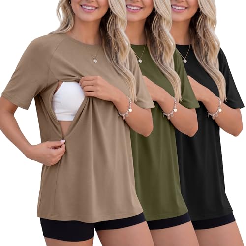 Sweetyweee 3 Pack Womens Oversized Nursing Tops for Breastfeeding with Hidden Zippers Loose Fit Short Sleeve Maternity Tops(Khaki Army Green Black Medium)
