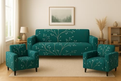 Image of Gorgeous Printed | Fully Covered, Stretchable & Non-Slip Elastic Slipcover Protector Sofa Cover (Teal Green, 5 Seater (3+1+1) Sofa Cover)