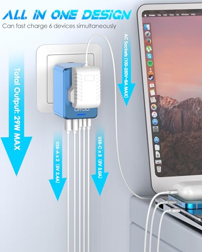 Image of Universal Travel Adapter with 5 USB C /A Ports 30W Fast Charging, 2500W AC Outlet, International Power Adapter for Europe UK Japan, Travel Charger for Phone Laptop, 200+ Countries 10A Safety Fuse