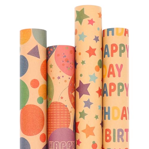 HADEEONG Rollos de papel de regalo kraft, mini rollo, 17 pulgadas x 10 pies por rollo, total de 4 rollos, papel kraft colorido para regalo de cumpleaños