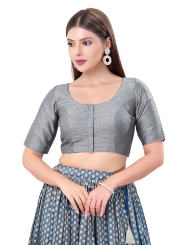 Vamas Women's Silk Padded Self Design Half Sleeve Readymade Saree Blouse (CO-193.ELB_Grey_40)