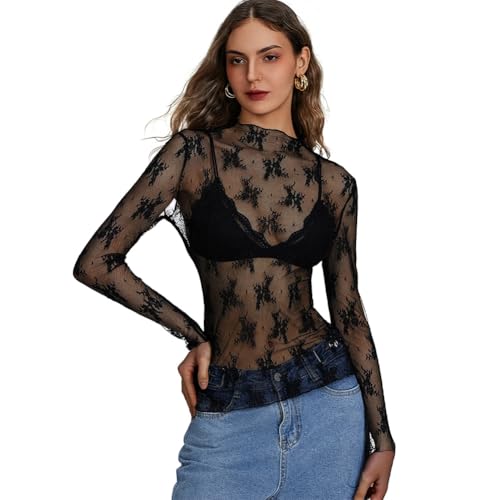 flintronic Camiseta Transparente Mujer Top de Manga Larga, con Cuello Redondo, XL