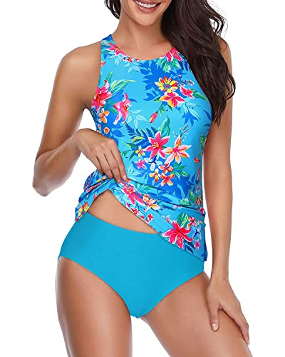 Holipick Blue Flower Tankini Bathing Suits for Women High Neck Tankini Top with Bikini Bottom Tummy Control Two Piece Swimsuit L
