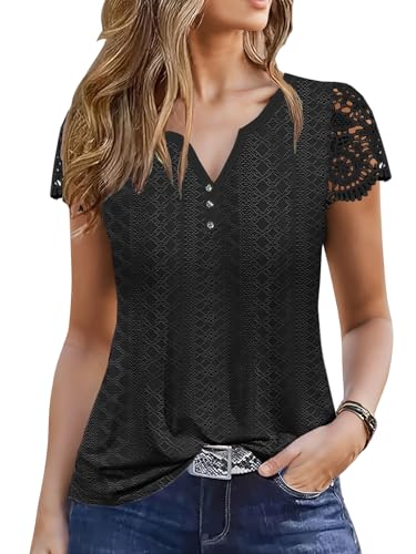 ETCYY Womens T Shirts Short Sleeve Spring 2025 Fashion Summer Tank Top V-Neck Button Down Floral Dressy Casual Blouses