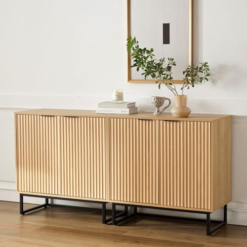 EYYTHUNG Juego de 2 gabinetes de almacenamiento estriados, aparador de buffet, gabinete moderno con estantes ajustables, Credenza, mesa de consola y entrada para sala de estar, roble natural