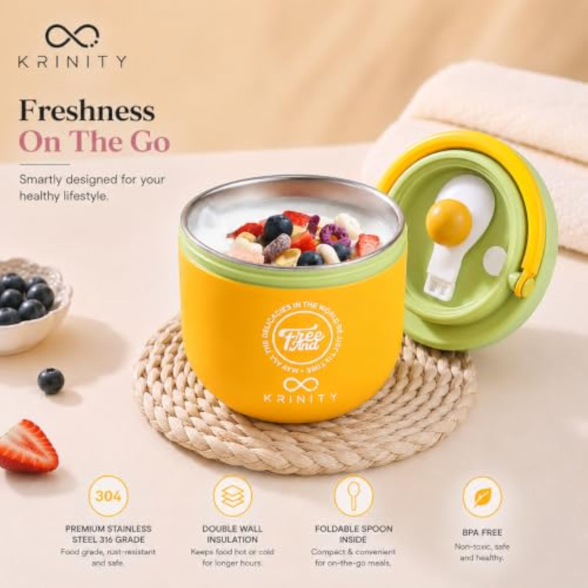 Kids Bento Snack Box, Insulated Lunch Box with Spoon, Yellow