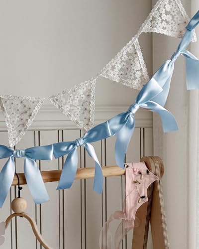 Image of Pre-Assembled Blue Bow Garland - 6ft Ready-to-Hang Party Decorations for Baby Boy Showers, & Birthday,Gender Reveal， No DIY Needed, Thick Silk Satin Bows Banner (Blue, 6ft)