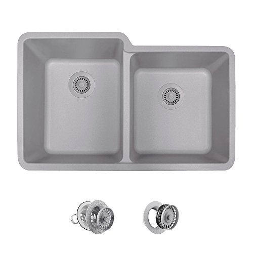 Super Brands MR Direct 801-S-CSTFL Silver Undermount Granite Composite 32-1/2 in. Double Bowl Kitchen Sink Matching Strainer and Flange, 1 1