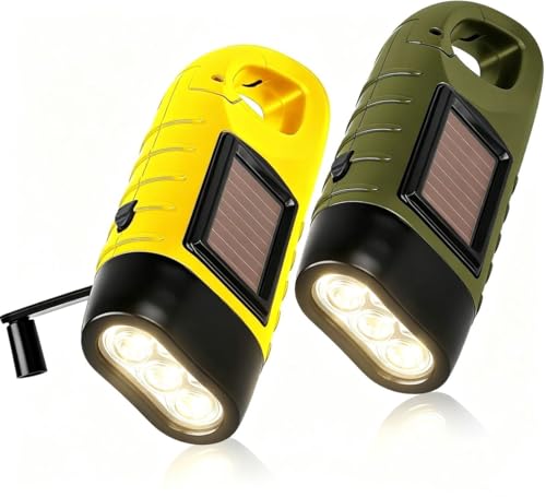 Simpeak Lot de 2 Lampe de Poche Solaire et Lampe Torche Dynamo Rechargeable à Manivelle, Mini lampe dynamo LED d'Urgence avec Mousqueton pour Camping,...