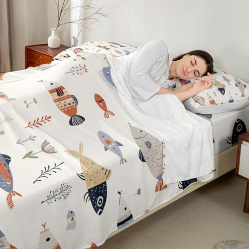 Image of jejeloiu Fish Bed Sheets Set Full Size Ocean Sea Animal Deep Pocket Fitted Sheet Marine Theme Bedding Sets Marine Theme Soft Bed Set 4Pcs with 2 Pillow Cases