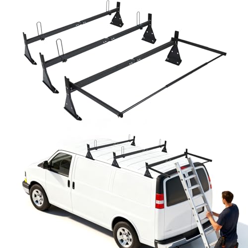 hightall Universal Van Ladder Rack with Roller Adjustable Length 57-70 with Cargo Stoppers for Van with Rain Gutter Compatible with Chevy Express 1500 2500 3500 Ford Econoline GMC Savana