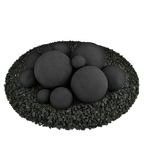 Ceramic Fire Balls | Mixed Set of 13 | Modern Accessory for Indoor and Outdoor Fire Pits or Fireplaces â€“ Brushed Concrete Look | Midnight Black
