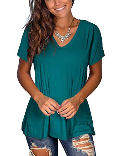 KINSIAN Women's Casual V-Neck Short Sleeve Plain Tee T-Shirt Tunic Top Dark Green