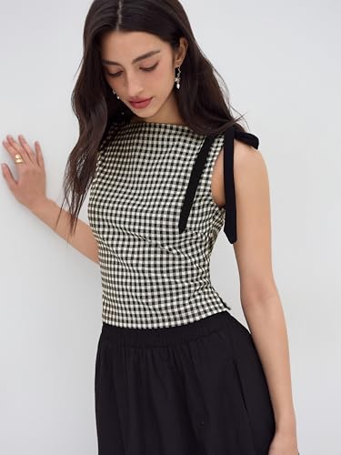 CIDER Tank Tops for Women Gingham Bow Tie Boat Neck Sleeveless Jacquard Slim Fit Top Blouses Womens Tops4