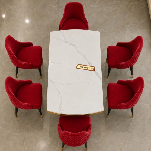 Image of 6-Seater Modern Elite Opal Storage Wooden Dining Table Set | 2 Year Warranty | Created Italian Statuario Marble Top | Elegant Composite Marble Table with 6 Chairs (Maroon)
