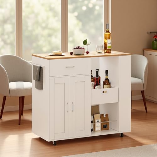 PerGar Carrito isla de cocina, encimera con ruedas, con estante y 2 cajones, isla de cocina, independiente, mesa con ruedas, para cocina, salón, 102 × 46 × 92 cm (blanco)