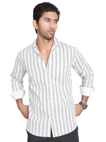 Image of Indian Needle White Stripes Cotton Regular Fit Men's Casual Shirt (White, S)