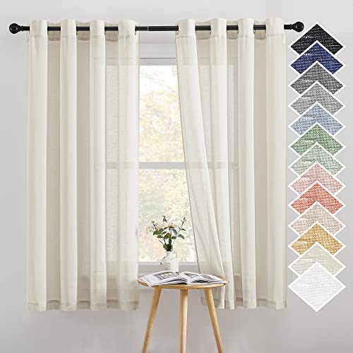 NICETOWN Linen Sheer Curtains 63 inch Length for Bedroom, Grommet Top Linen Blend Semi Sheer Privacy Window Treatment Light Filtering for Living Room, Natural, 52" W x 63" L, Set of 2