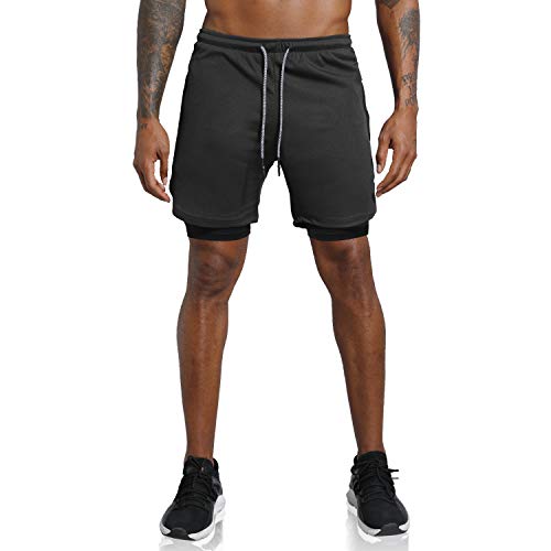 Leidowei Men's 2 in 1 Workout Running Shorts Lightweight Training Yoga Gym 7" Short with Zipper Pockets Black 2XL by Leidowei - Used condition - Image 2
