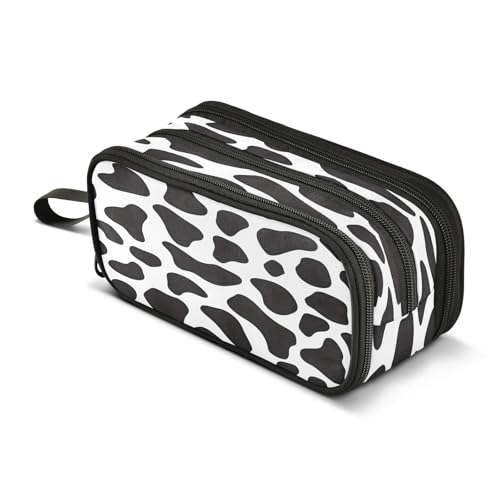 Image of SUABO Big Capacity Pencil Case Black and White Cow Print 3 Compartment Pen Bag Pouch Holder Box For Office College School Portable Storage Bag for Kids