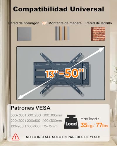 Miniatura 5 de Whyfone Soporte Tv Pared Con Brazo Largo De 655 Mm, Soporte Pared Tv Articulado Con 180 Rotación E 5 -12 Inclinación Para Televisores Y Monitores De 13-50 Pulgadas, Max. Vesa 300x300mm Hasta 35kg