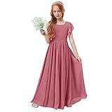 Boho Flower Girl Dress, Junior Girls Sleeveless V-Back Illusion Lace Ball Gown Casamento Elegant Long Wedding Dresses for Kids Birthday Formal Ball Gown Dusty Pink - Lace 15-16 Years