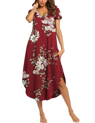 Image of Ekouaer Long Nightgowns for Women Short Sleeve House Dress with Pockets V Neck Sleepshirts Side Split Sleepwear S-4XL
