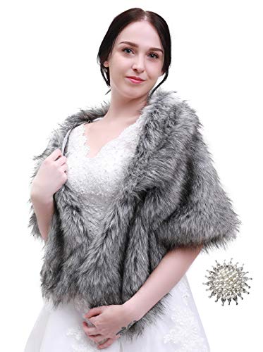 Bridal Faux Fur Wrap Wedding Fur Stole with Brooch Evening Party Warm Dress Up2