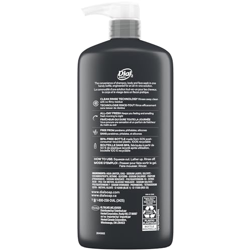 Dial Men 3 in 1 Body, Hair and Face Wash, Refresh, 16 Fl Oz, Pack of 6, Cleanses Deep + Gentle on Skin with Clean Rinse Technology