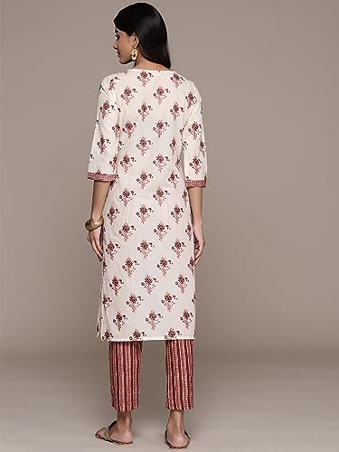 Image of anubhutee Women's Cotton Blend Floral Printed Off White Straight Kurta Suit Set with Trousers