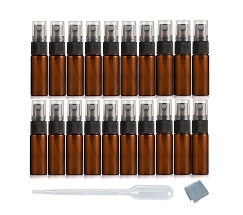 Elfenstall- 20pcs Amber 5ml 1/6oz Atomizer Vial Glass Bottle Spray Refillable Perfume Empty Fine Mist Sample Bottle Clean Cloth Free 3ML Pipette for Travel Party