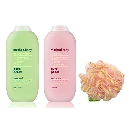 Method Body, Body Wash - Deep Detox, Pure Peace (Each 18 fl oz 532 ml) With Exfoliating Mesh Loofah Pouf - Shower and Bath Set of 3