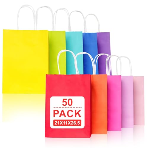 Gucass 50 Pcs Coloré Sac Papier Cadeau, Moyen Sac Papier Kraft avec Poignée Pochette Cadeaux 21x11x27cm, Sachet Kraft Emballage Cadeau, Pochette Kraft pour...