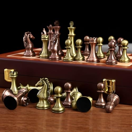 Image of 15.35'' Premium Retro Metal International Chess Board Set Vintage Brass Chess Pieces Wooden Checker Board Portable Folding Travel Chess Gift Box for Beginners and Professional Players