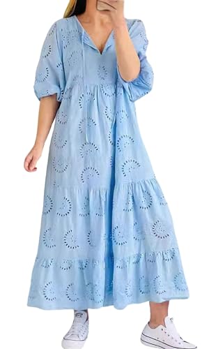 Image of chouyatou Women's Summer Loose Floral Lace Eyelet Dress Boho Casual Notch Neck Maxi Tunic Beach Dress
