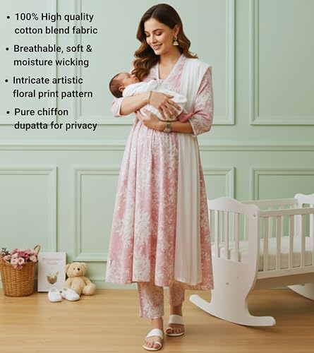 Image of DUMMY SHAPE Maternity Dresses for Women Cotton | Floral Kurta Pant Dupatta Set with Nursing Zippers, Side Pocket | Pre & Post Pregnancy | Feeding Kurti Suit | Baby Shower | Gifts for Pregnant Woman