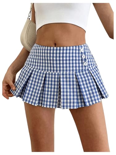 WDIRARA Women's Plaid Pleated A Line Mini Skirt Y2k Mid Rise Gingham Skirts