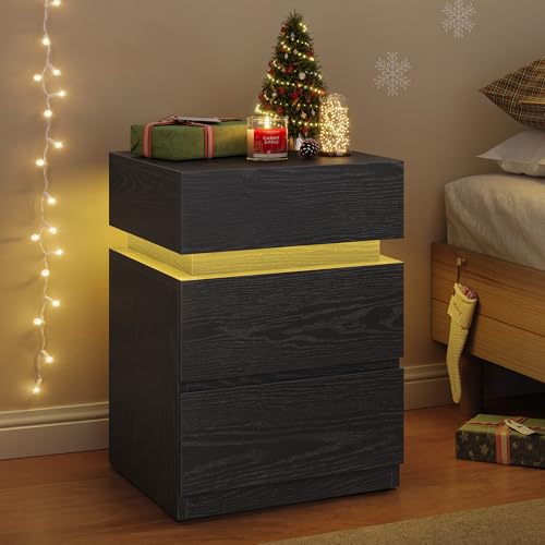 VASAGLE Table de Chevet, avec Bande LED Multicolore Réglable, 3 Tiroirs, Table d’Appoint de Style Moderne, 35 x 40 x 55 cm, Noir Boisé LET630T56