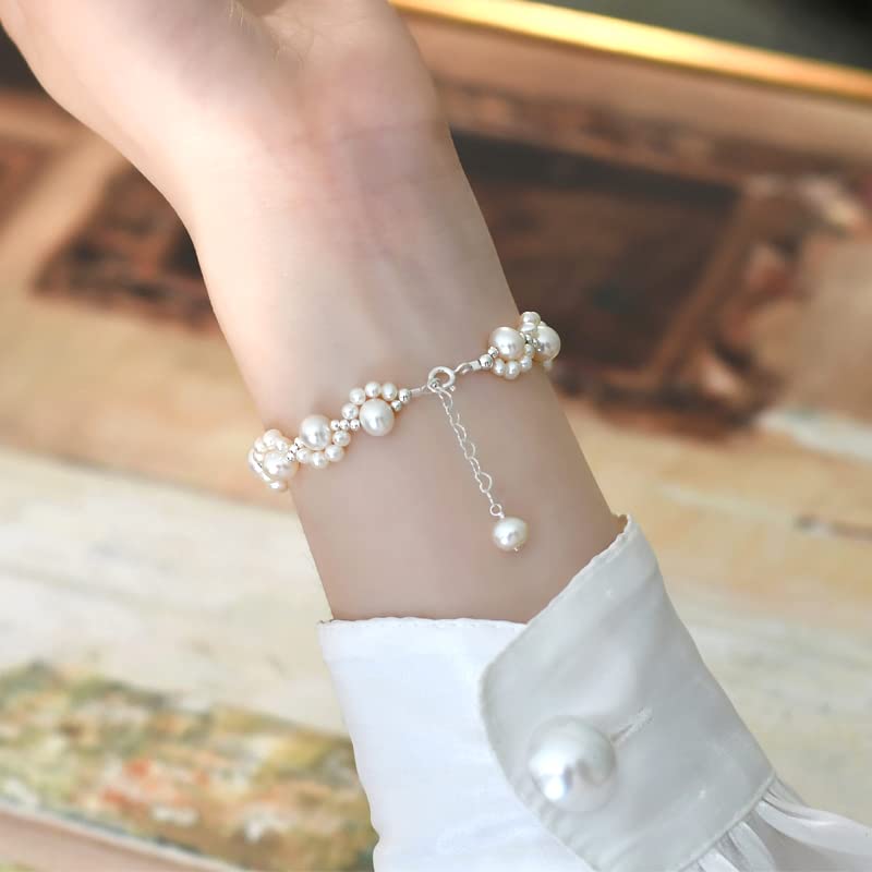 Braccialetto Intrecciato con Artigli di Gatti di Perle d'Acqua Dolce Naturali in Argento Sterling 925 per Regalo da Donna