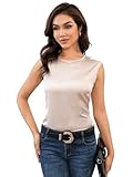 SweatyRocks Women's Elegant Sleeveless Round Neck Satin Blouse Solid Zipper Back Shirt Tank Top Apricot M