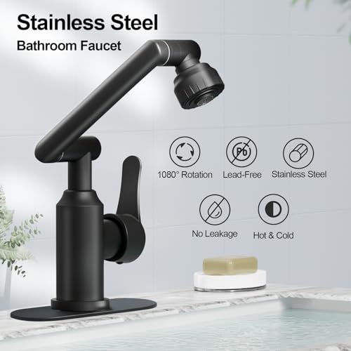 Black Bathroom Faucets, FunnyAir Stainless Steel 1080° Rotatable Bathroom Sink Faucet 1 Hole or 3 Holes, Single Handle Bathroom Faucets with Hot and Cold Hoses, 2 Water Outlet Modes, Matte Black thumbnail 4
